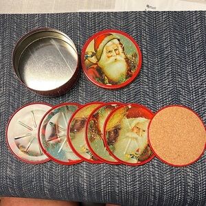 Set of 6 cork  Santa coasters in tin Vintage Hong Kong